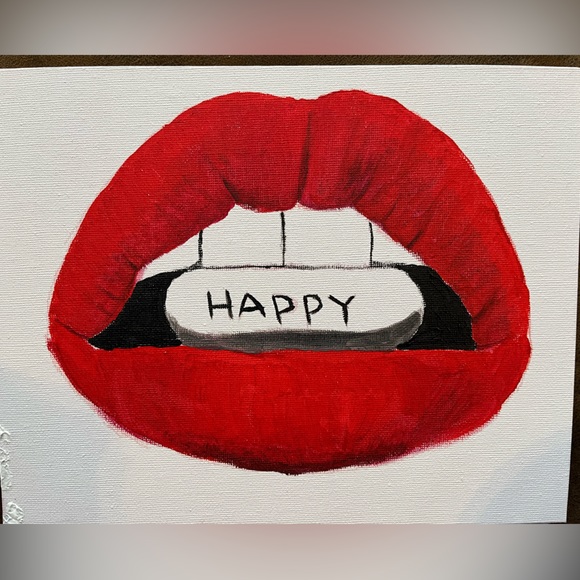 Happy pill red lips painting. Handmade, original, on 8x10 canvas. - Picture 1 of 2